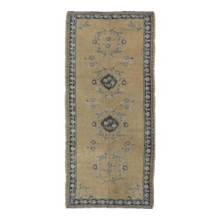 Vintage Turkish Oushak Rug With Soft Tan Field and Navy Blue Floral Medallions For Sale