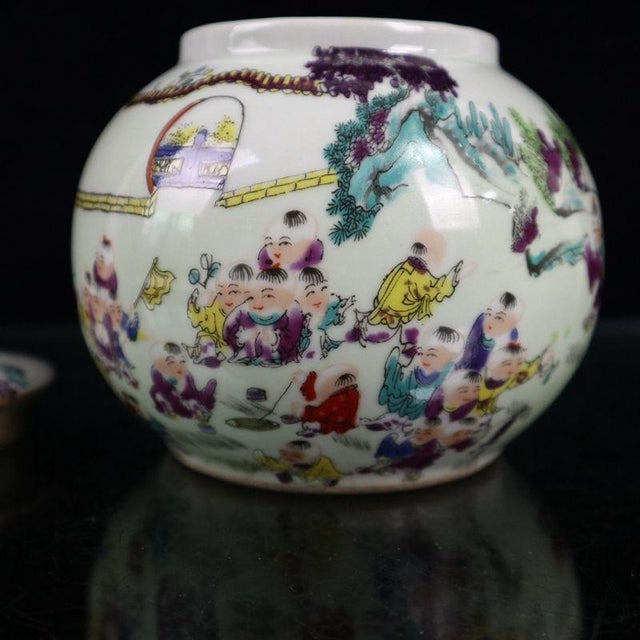 Chinoiserie Famille Rose Boys Playing Figural Lidded Ginger Jar, Chinoiserie Porcelain Canister For Sale - Image 3 of 9