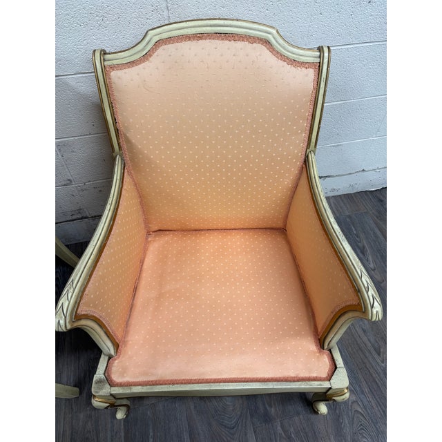 Peach Vintage French Louis XV Style Bergere Lounge Armchairs - Pair For Sale - Image 8 of 11