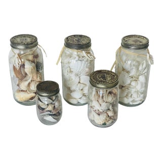 5 Large Vintage Jars With Sea Shells for Coastal Decor For Sale