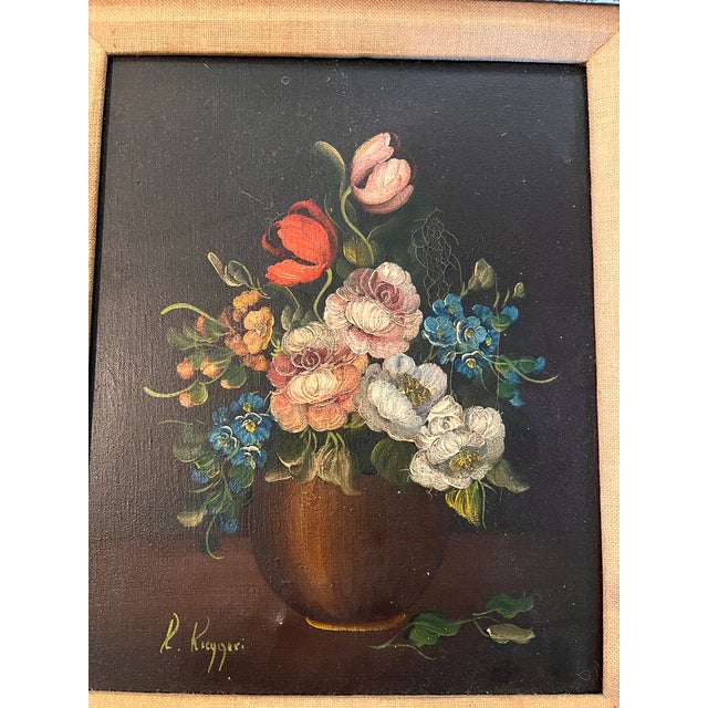 Beautiful vintage original oil painting depicting a colorful bouquet of flowers arranged in a classical brown vessel,...