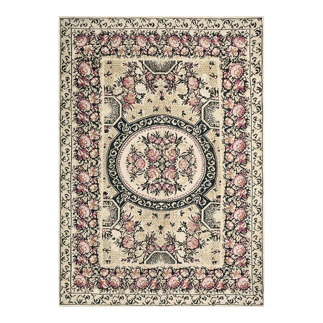 1850s Ivory Pink Antique Besserabian Kilim Flatweave Carpet Floral Medallion Rug For Sale