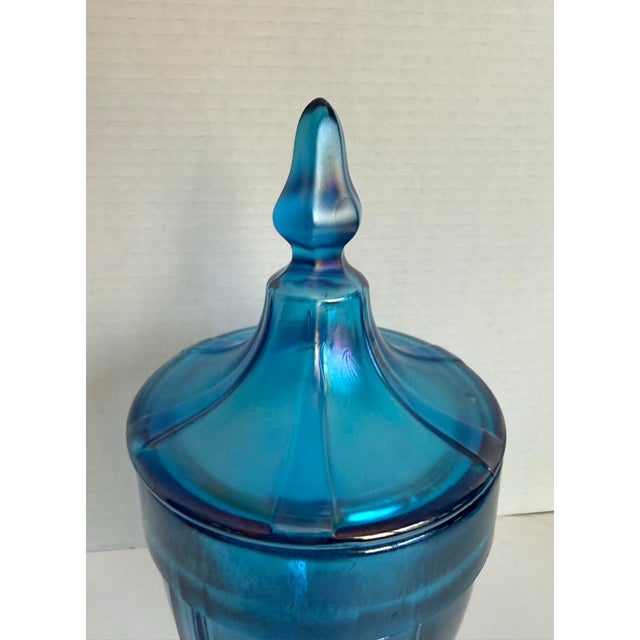 1910s Early 20th Century Iridescent Peacock Blue Lidded Pedestal Candy Jar, Attributed to Fenton For Sale - Image 5 of 11