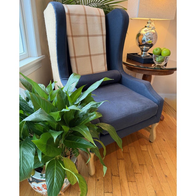 Custom Two-Toned Wingback Chair by Restoration Hardware in Navy Blue, Nail-Head Trim For Sale - Image 9 of 18