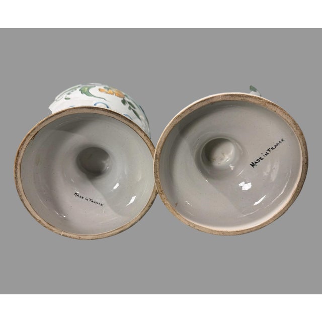 Pair of Antique French Faience Floral Hand Painted Double Handled 15" Vases Urns W Lids For Sale - Image 6 of 12