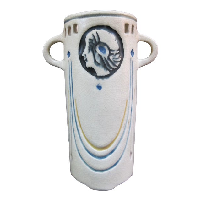 Vintage Weller Creamware Ethel Art Deco Cameo Portrait 6" Vase For Sale
