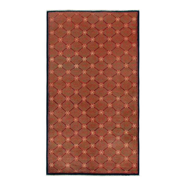 1960s Vintage Art Deco Rug in Red, Green Patterns and Blue Border For Sale