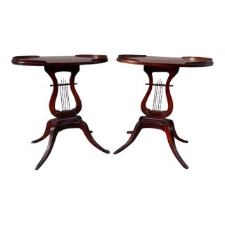 Early 20th Century Pair Antique Mahogany Lyre Base Side Tables For Sale