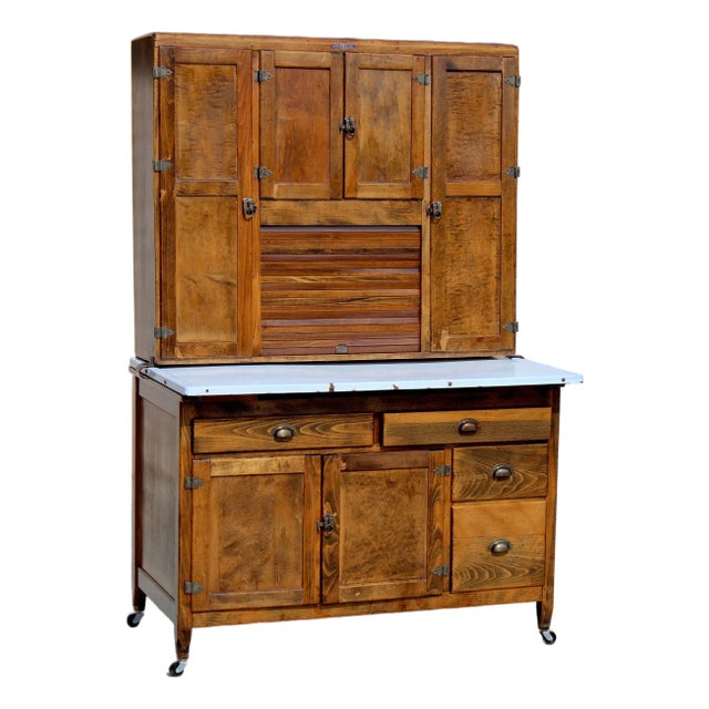 Antique Early 1900s Hoosier Cabinet Dutch Kitchenet Solid Wood Enamel Pull-Out Work Surface Coppes Brothers & Zook Original Hardware For Sale