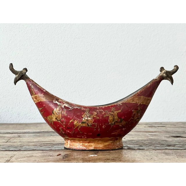 This evocative vintage brass vessel captures the soulful artistry of Mid-Century Chinoiserie design. Featuring a graceful...