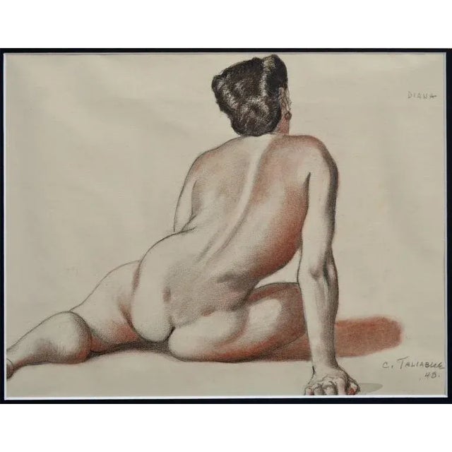 1948 Nude Study of woman's back with sanquine and charcoal. Titled "Diana" by Carlo Taliabue (Italian/American). Signed...
