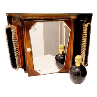 Vintage French Art Deco Shoe Polish Wall Cabinet with Mirror and Original Brushes, 1920 For Sale