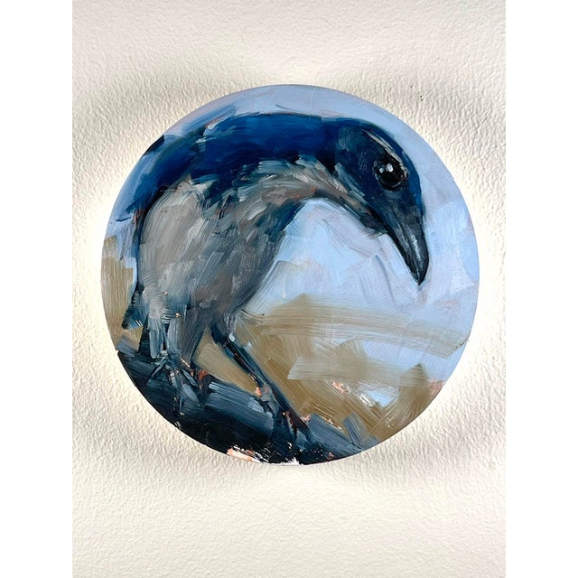 Food Today? by Calvin Lai | Oil on wood panel Bird perched on a surface with a blue background. For Sale