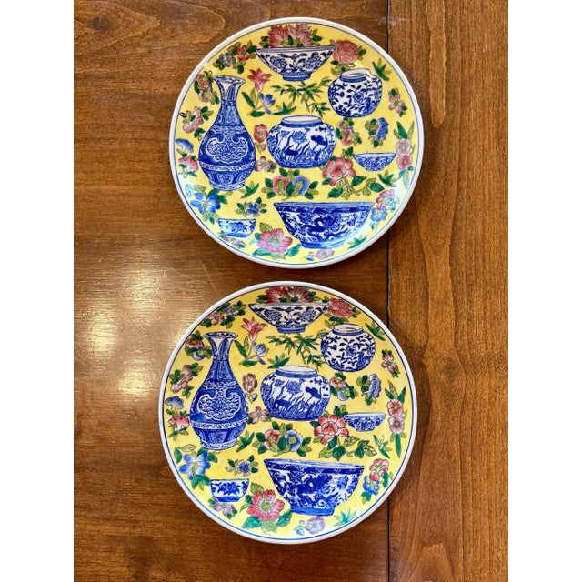 Excellent bright & cheerful Chinese Export yellow background with blue & white vessels and pink flowers like peonies this...