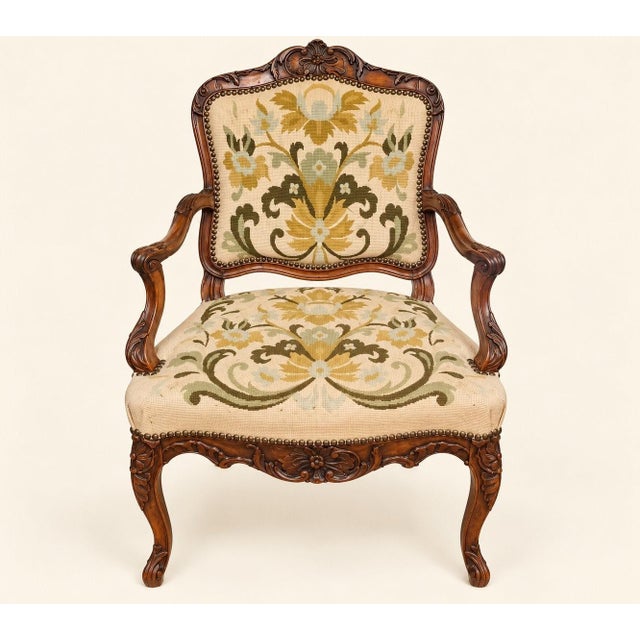 Brown 18th Century Louis XV Cabriolet Armchair in Carved Walnut with Petit Point Tapestry For Sale - Image 8 of 8