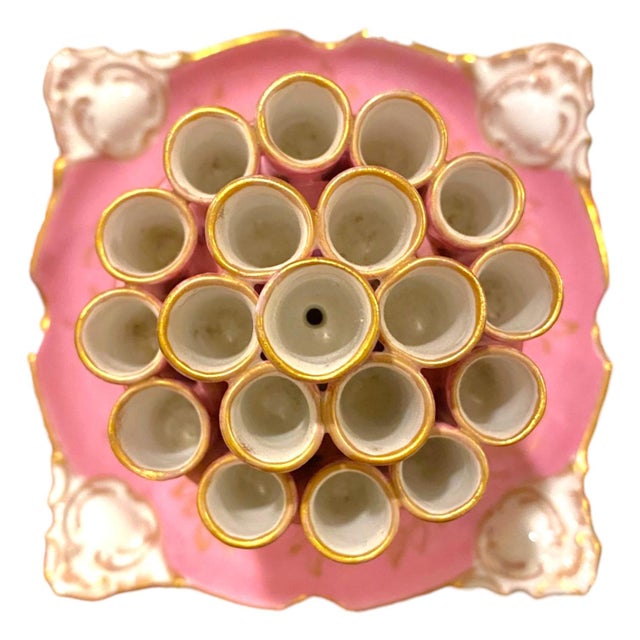 Antique Carl Thieme Dresden Pink Porcelain Cherub Cigarette Holder / Flower Frog Vase For Sale - Image 11 of 14