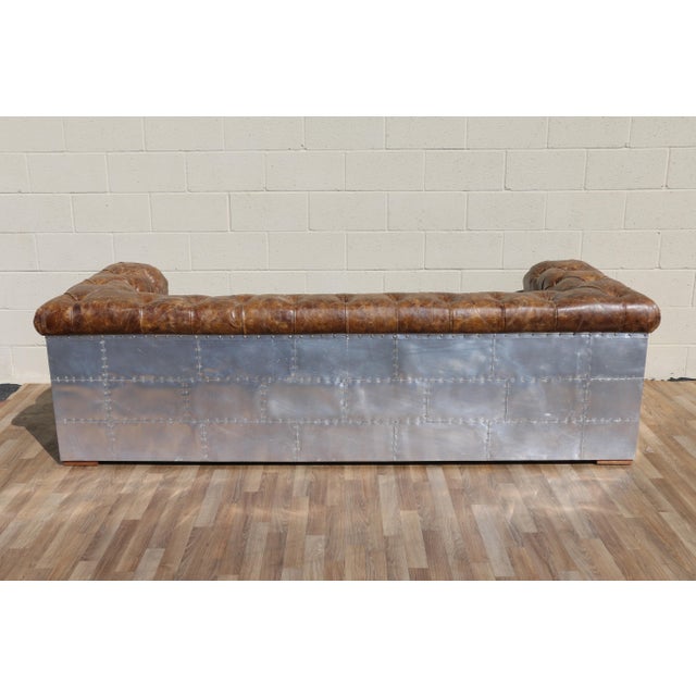 Industrial Aviator Chesterfield Sofa in Distressed Brown Leather & Riveted Aluminum Panels For Sale - Image 14 of 18