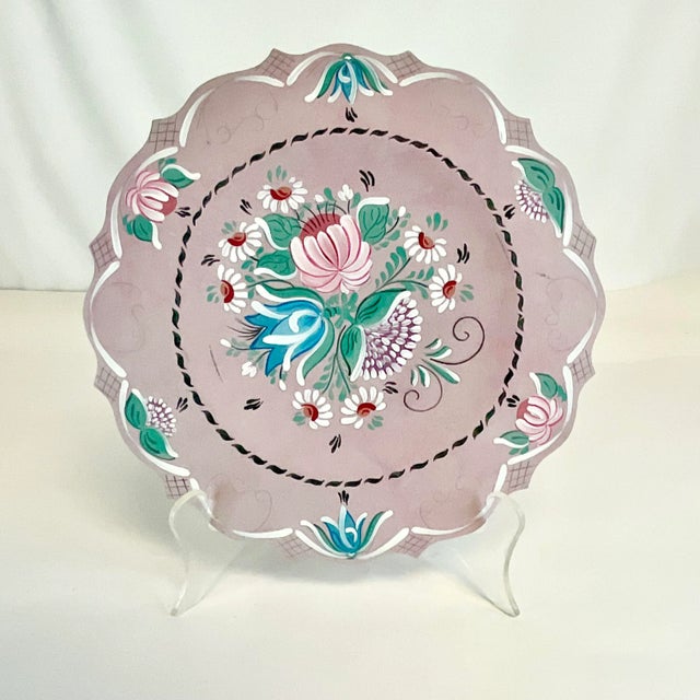 1996 Vintage Boho Chic Gustavian Scandinavian Hand-Painted Wood Plate. For Sale - Image 9 of 9