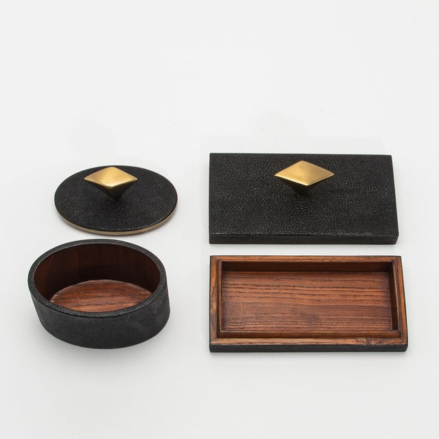 Set of 2 Boxes in Black Shagreen With Bronze Patina Brass Knob by Kifu Paris For Sale In Los Angeles - Image 6 of 9