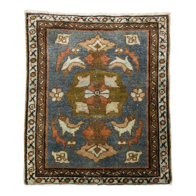 Early 20th Century Persian Malayer Square Green Brown Orange Mat For Sale