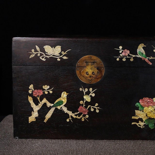 Large Vintage Zitan Wood Treasure Box With Mother-of-Pearl Bird & Floral Inlay For Sale - Image 9 of 10