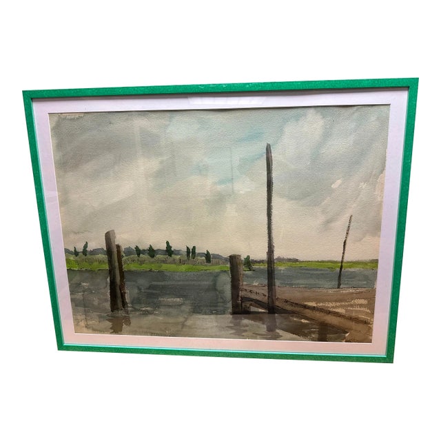 Large Coastal Vintage Watercolor Painting of a Pier Waterfront Landscape "End of the Pier", Newly Framed For Sale