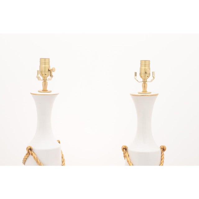 Italian Pair of Large Signed Italian Marbro Ceramic + Gilt Tassel Lamps, 1960s For Sale - Image 3 of 12