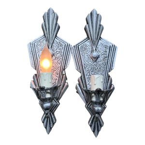 1920s Silver Art Deco Sconces With Candles #2576