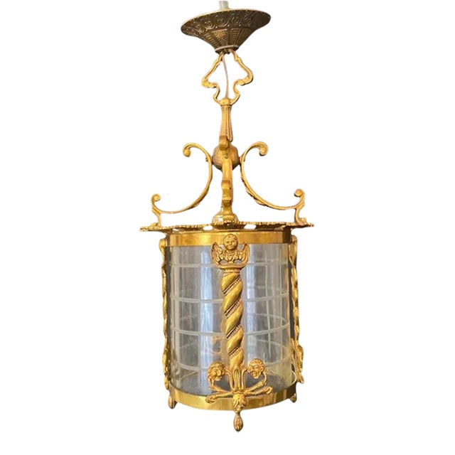 Spanish Neoclassical Revival Style Figural Gilt Iron Lantern or Pendant For Sale