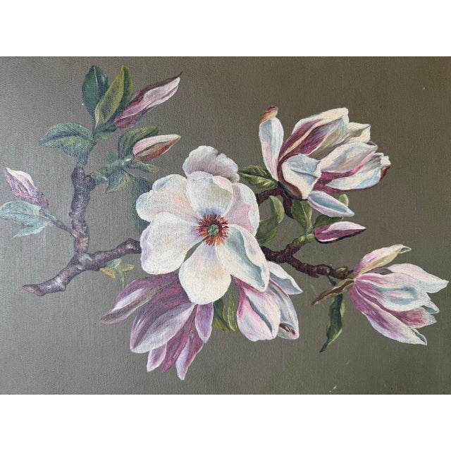 1930s Vintage Magnolia Blossom Still Life Oil on Board Painting in Ornate Gold Wood Frame For Sale - Image 5 of 12