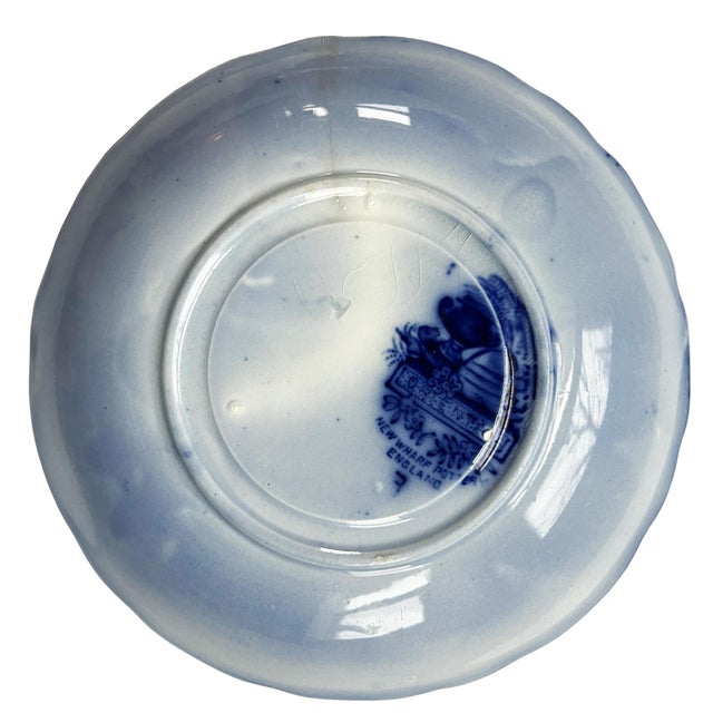 A rare and charming 19th-century English Flow Blue transferware plate, stamped on the base New Wharf Pottery, England, a...