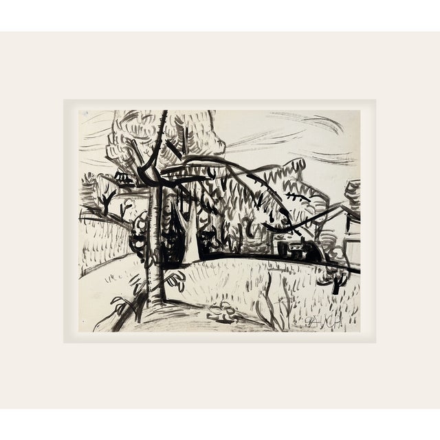 Mid 20th Century Vintage Mid-Century Modern Expressionistic Black and White Landscape Painting on Paper, Signed Auch, With Mat For Sale