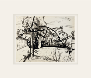 Mid 20th Century Vintage Mid-Century Modern Expressionistic Black and White Landscape Painting on Paper, Signed Auch, With Mat