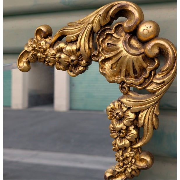 Bassett Large Basset Vintage Hollywood Regency Rococo Frameless Mirror With Gilt Floral Mounts For Sale - Image 4 of 5