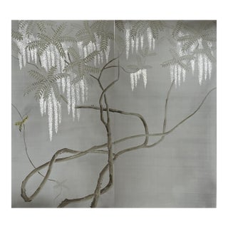 Minimalist Fog Gray Hand-Painted Wallpaper | Wisteria Chinoiserie Mural | Calming Zen Wall Art For Sale