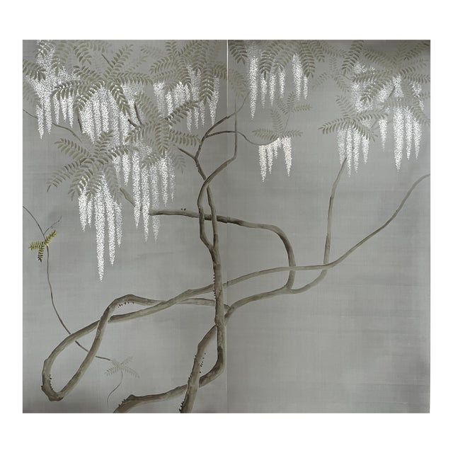 Minimalist Fog Gray Hand-Painted Wallpaper | Wisteria Chinoiserie Mural | Calming Zen Wall Art For Sale