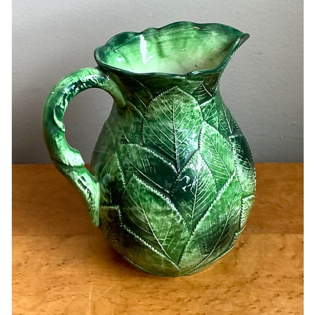 Vintage Green Leaf Motif Ceramic Pitcher For Sale - Image 13 of 13
