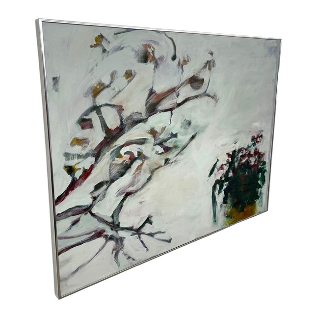 Large Contemporary Abstract Floral Painting on Canvas in Silver Frame, White Blossoms Still Life For Sale - Image 4 of 9