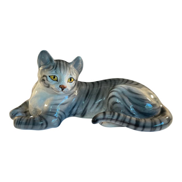 Large Mid 20th Century Ronzan Ceramic Gray Tabby Cat For Sale