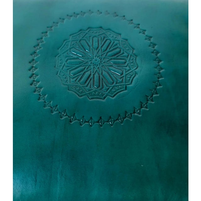2020s Handcrafted Moroccan Camel Saddle, Genuine Leather Cushion Stool / Emerald Green For Sale - Image 5 of 10