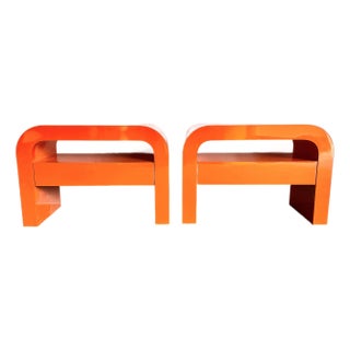 Postmodern Tangerine Orange Lacquer Laminate Waterfall Nighstands/Side Tables For Sale