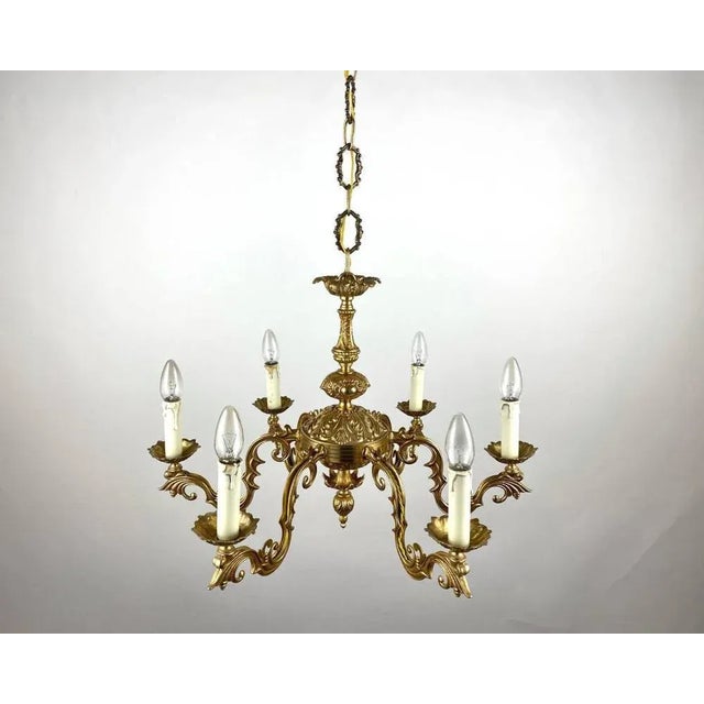 Vintage French Gilt Brass 6-Arm Chandelier, 1960s For Sale - Image 11 of 11