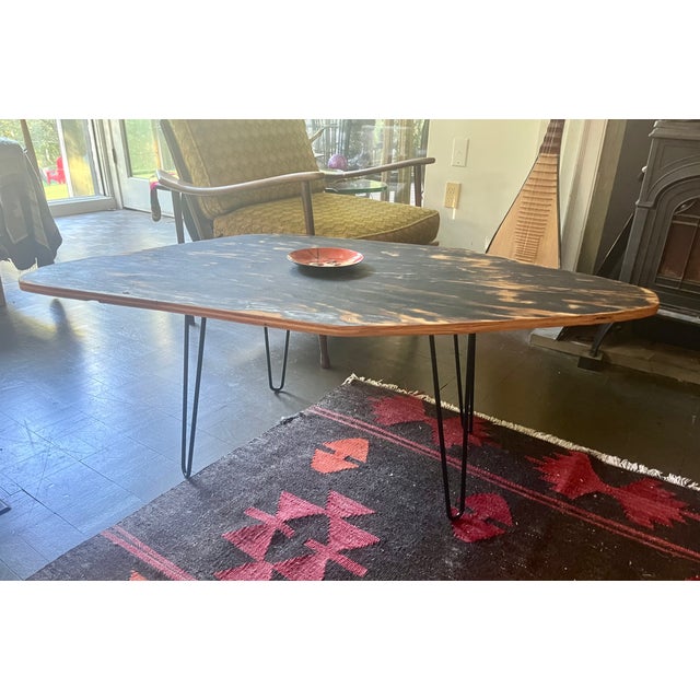 Irregular organic shaped coffee table, industrial style, hairpin legs on repurposed architectural plywood from an upstate...