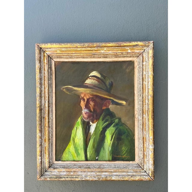 Realism Vintage Framed Oil Painting of Man in Hat For Sale - Image 3 of 12