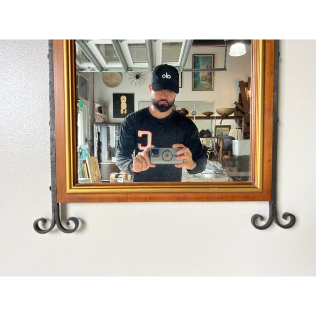 1970s Hollywood Regency Iron and Wood Frame Wall Mirror With Brass Finials For Sale - Image 5 of 12