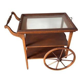 Early 20th Century Wood Tea and Bar Cart With Removable Glass Serving Tray For Sale