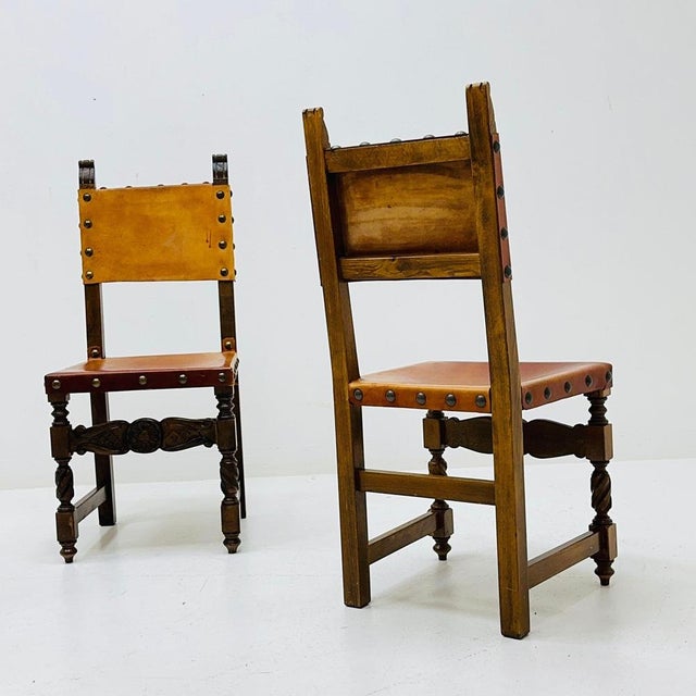 Antique Swedish Folk Art Farm Country Dining Chairs in Pine and Tan Leather, 1890s For Sale - Image 10 of 11