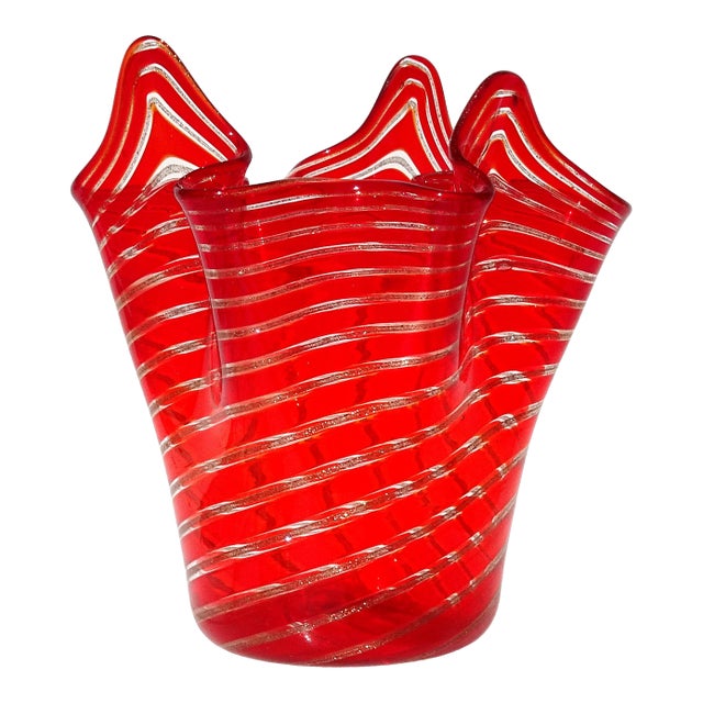 Vintage Murano Bright Red Aventurine Ribbons Italian Art Glass Sculptural Fazzoletto Mini Flower Vase For Sale