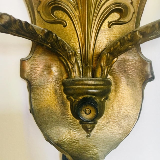 Spanish Revival 1910s Antique Gilt Bronze Finish Double Sconce For Sale - Image 3 of 12