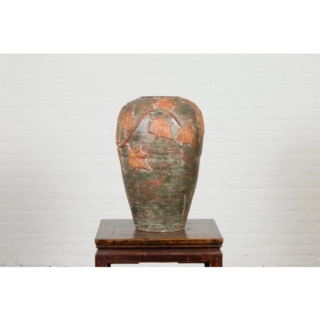 Vintage Thai Garden Vase with Vine Leaves Motifs, Orange and Green Tones For Sale In New York - Image 6 of 13